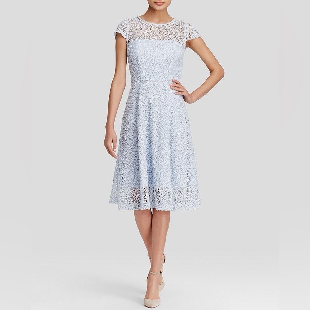 Reiss Rhomona Floral Lace Dress - light blue tea length cocktail dress
